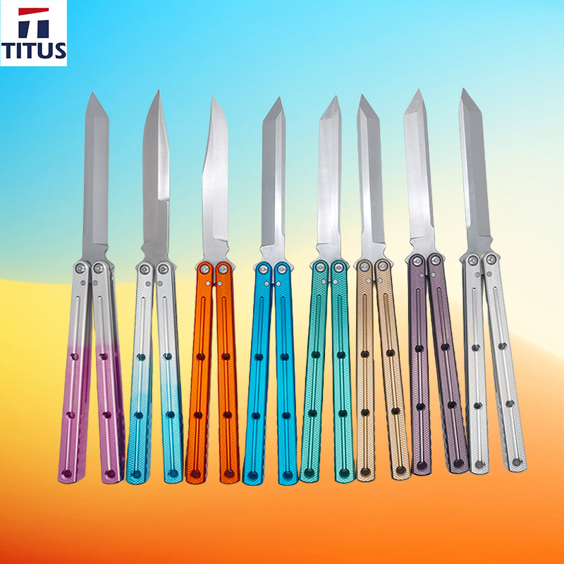 TITUS Kraken 7 Series V3 Bailisong Butterfly Trainer Knife Silver Tanto Bowie VG10 Blade 7075 Aluminum Channel Handle Bushing System Jilt Free-swinging Knives
