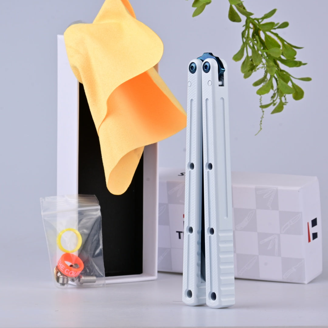 TITUS Kraken  polished Titanium‑blue Coated Blade  Bailisong Butterfly Trainer Knife Bushing System Jilt Free-swinging Knives