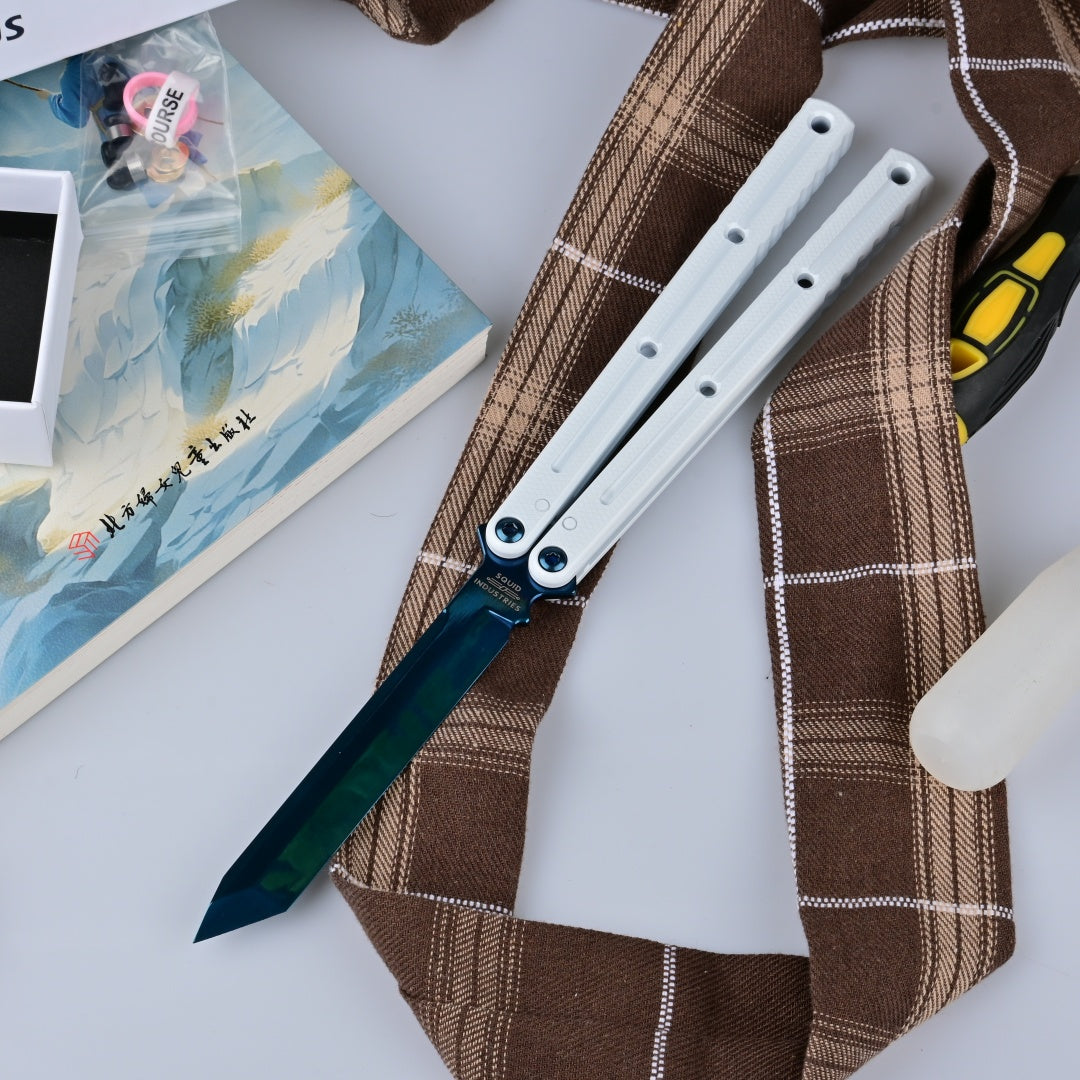 TITUS Kraken  polished Titanium‑blue Coated Blade  Bailisong Butterfly Trainer Knife Bushing System Jilt Free-swinging Knives