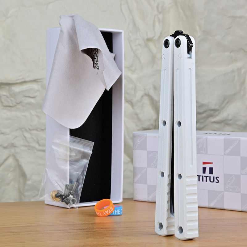 TITUS Kraken Winter Limited Edition Bailisong Butterfly Knife White Ceramic Surface 7075 Aluminum Channel Handle VG10 Blade Bushing System Jilt Free-swinging Knives