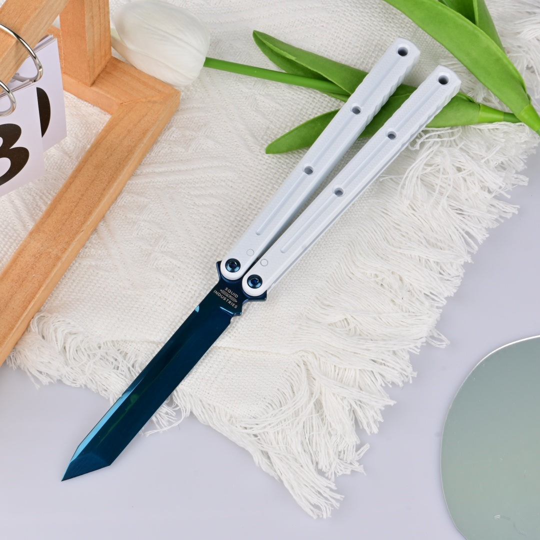 TITUS Kraken  polished Titanium‑blue Coated Blade  Bailisong Butterfly Trainer Knife Bushing System Jilt Free-swinging Knives