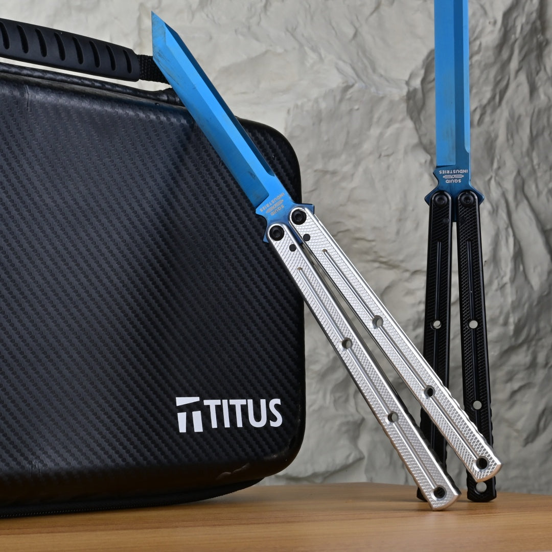 TITUS Kraken Titanium‑blue Coated Blade Bailisong Butterfly Trainer Knife Bushing System Jilt Free-swinging Knives