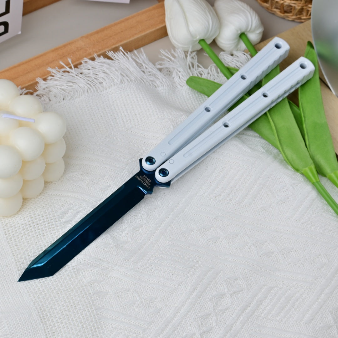 TITUS Kraken  polished Titanium‑blue Coated Blade  Bailisong Butterfly Trainer Knife Bushing System Jilt Free-swinging Knives