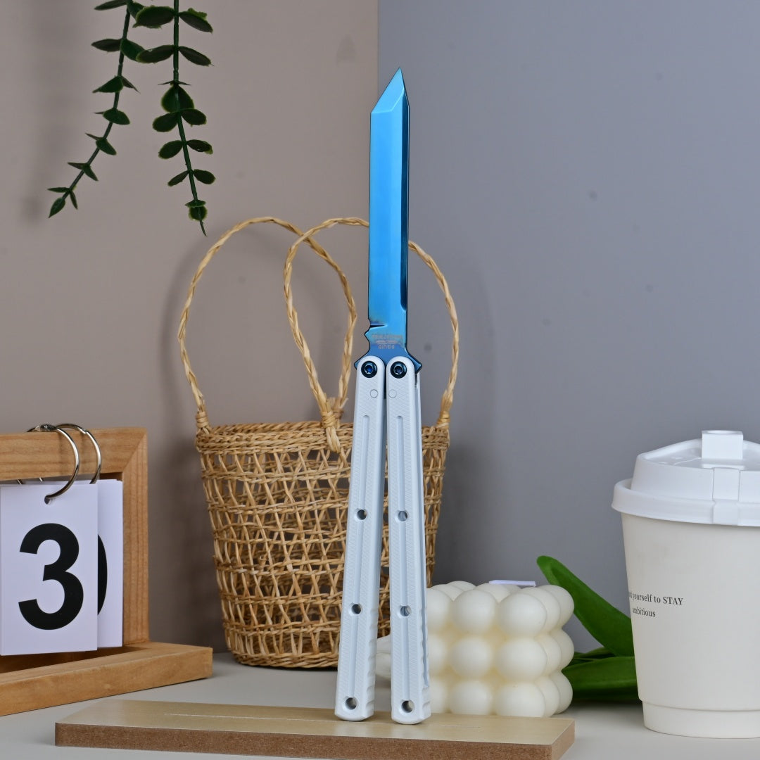 TITUS Kraken  polished Titanium‑blue Coated Blade  Bailisong Butterfly Trainer Knife Bushing System Jilt Free-swinging Knives