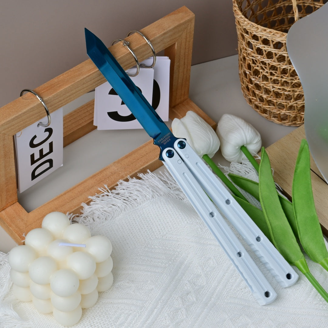 TITUS Kraken  polished Titanium‑blue Coated Blade  Bailisong Butterfly Trainer Knife Bushing System Jilt Free-swinging Knives